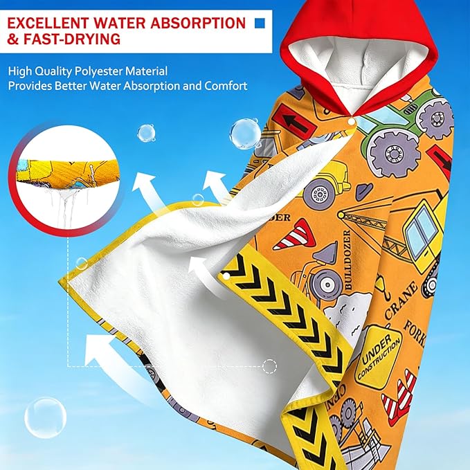 Hooded Towels for Kids - Superfine Fiber Excavator Toddler Hood Bath Towels Beach Hooded Poncho Absorbent Pool Toddler Swim Bath Wrap for Boys & Girls 3-10 Years Beach Essentials, 60*35 inches