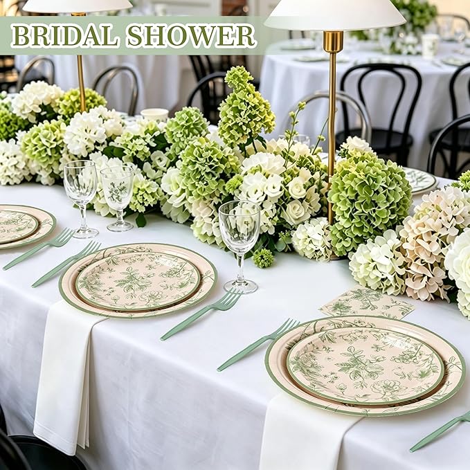 100 Pcs Sage Green Floral Party Supplies for 25 Guests, Heavy-Duty 7" & 9" Paper Plates, 2-Ply 13" Napkins & Plastic Forks, Disposable Tableware Set for Bridal Baby Shower and Tea Party