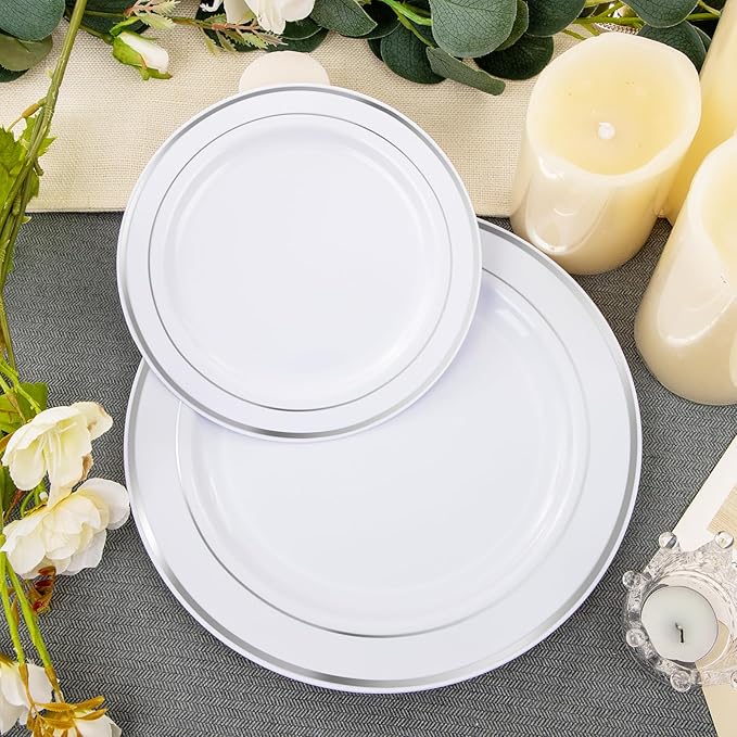 FLOWERCAT 60PCS Silver Plastic Plates - Heavy Duty White and Silver Plastic Plates Disposable - Include 30PCS 10.25inch Dinner Plates and 30PCS 7.5inch Dessert Plates for Wedding&Birthday Party