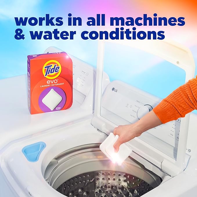 Tide evo Spring Blast Scent Laundry Detergent Fiber Tiles Works on 100% of Common Stains Safe for All Machines and Water Conditions Concentrated HE Compatible Clean and Instant Dissolve, 16 Count