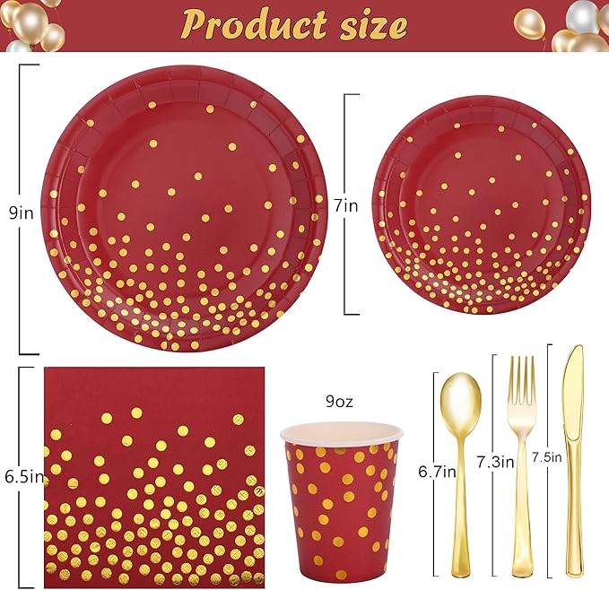 175 PCS Burgundy and Gold Party Supplies - Burgundy Plates and Napkins Sets Serve 25 Guests - Maroon and Gold Paper Plates for Birthday Wedding Graduation Holiday Party Decorations