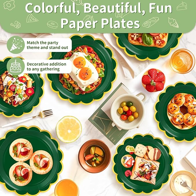50 Pcs Dark Green Paper Plates, 25 Pcs 9" and 25 Pcs 7" Disposable Christmas Scalloped Plates with Gold Foil for Graduation Wedding Baby Shower Birthday Party Picnic BBQ