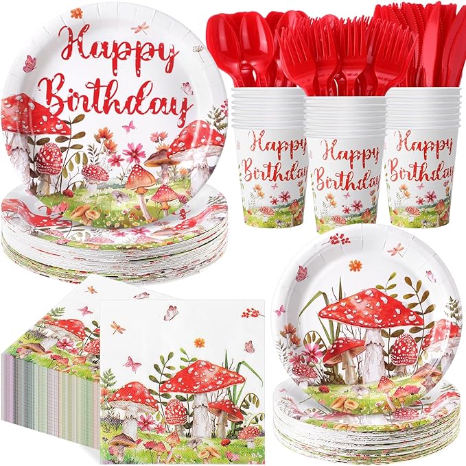 Pickmesh 400 Pcs Mushroom Birthday Party Decoration Set, Disposable Mushroom Paper Plates and Napkins, Cups and Cutlery Supplies Spring Themed Birthday Party Tableware, Serve for 50 Guests