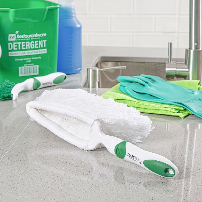 Restaurantware Duster 1 Pack of 13.7 x 2.1 x 2.5 Inch Cotton Duster Washable Multipurpose Cleaning Tool Non-Slip Handle Green and White Dust Remover Tool