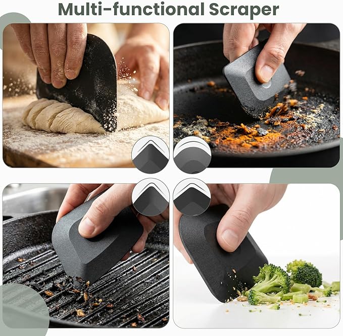 Cast Iron Scrubber with Long Handle | 316 Cast Iron Cleaner Chainmail Scrubber for Cast Iron Pan Skillet Cleaner - Dish Scouring Pad Dishwasher Safe Cleaning Kit (Black, 1 Scrubber + 1 Scraper)
