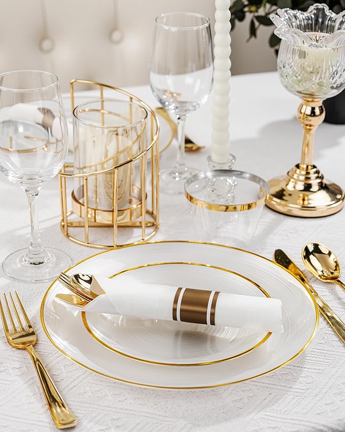Morejoy 350PCS Pearl White and Gold Plastic Plates - Disposable Gold Party Plates & Pre Rolled Napkins with Cutlery for 50 Guests, 100Plates, 150Silverware, 50Cups, 50Napkin for Party & Mother's Day