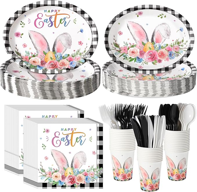Havawish 350 Pcs Easter Bunny Party Supplies Happy Easter Disposable Tableware Set Buffalo Plaids Eggs Bunny Oval Paper Plates Cups Napkins Fork Knife Spoon for Spring Holiday Party Dinner Table Decor