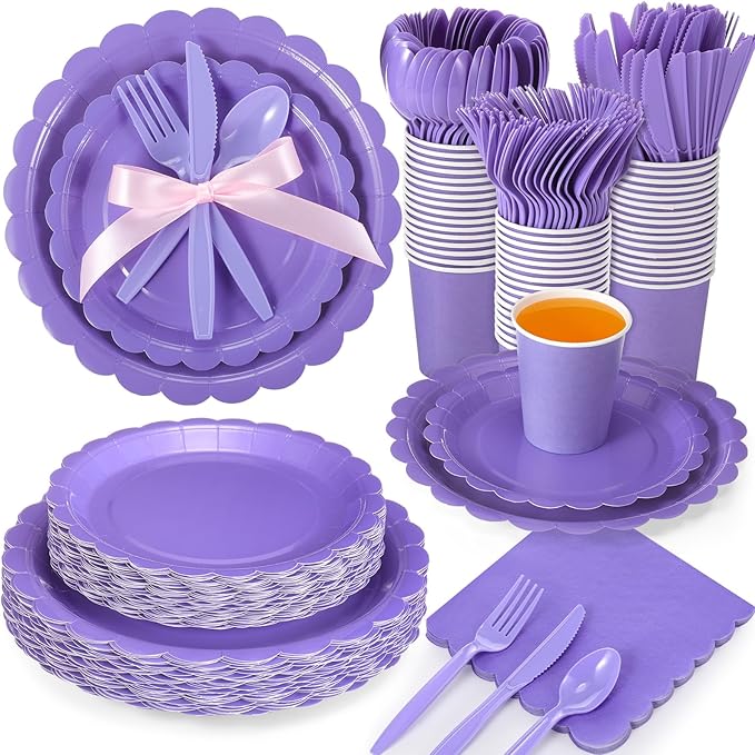 Ziliny 350 Pcs Purple Plates and Napkins, 50 Guest Lavender Party Supplies Include Scalloped Paper Plates Napkins Cups Plastic Spoons Forks Knives Disposable Tableware Set for Baby Shower