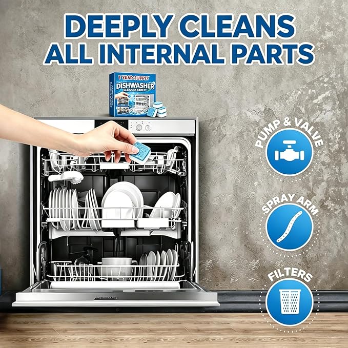 Heavy Duty Dishwasher Cleaner & Deodorizer Tablets, Descaler, Deep Cleaning, Natural Odor & Smell Remover, Calcium, Limescale, Hard Water Marks, Grease, Septic Safe Pods (12 Tabs 1 Yr Supply)