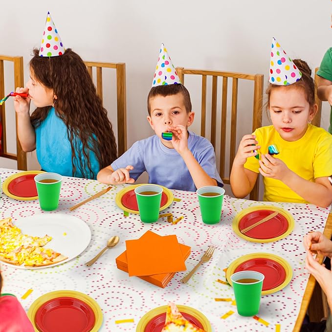 Aodaer 400 Pieces Colorful Dinnerware Set, Disposable Party Supplies Include 7/9 Inch Yellow Red Plastic Plates Green Cups Cutlery Napkins for Rainbow Birthday Party Decor, Serve 50 Guest