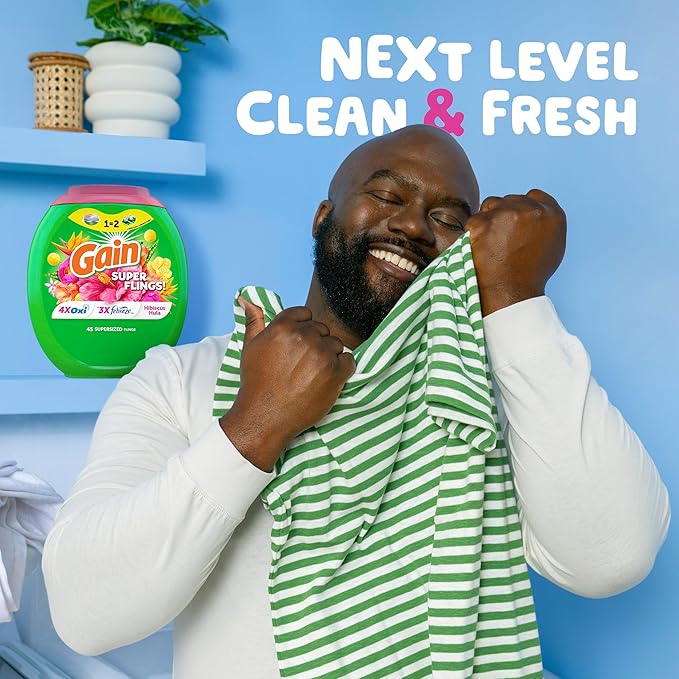 Gain Super Flings Laundry Detergent Pacs, 18 Count, Hibiscus Hula scent, irresistibly clean and fresh washing detergent laundry soap pacs (Pack of 4)