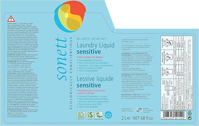 Sonett Organic Laundry Liquid Detergents, Sensitive (1 Count) For People With Allergies GMO Free Certified Organically Grown