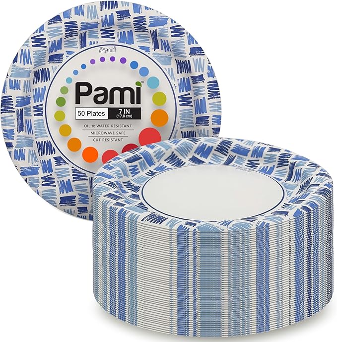 PAMI Heavy-Duty Disposable Small Round Paper Dishes | Microwave-Safe, Oil, Water & Cut Resistant (7 Inch Plate 50 Blue)