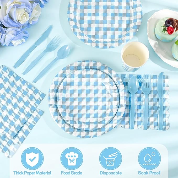 NatNarr 175 Pcs Gingham Paper Plates, Boy Baby Shower Decorations Include Blue Gingham Plates and Napkins Cups Disposable Blue Dinnerware for Picnic, Wedding, Birthday