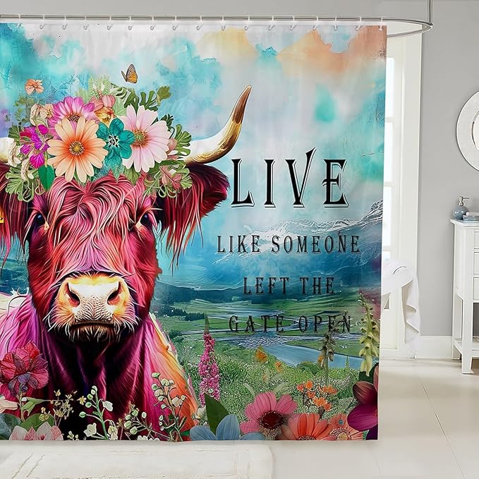 Highland Cow Flower Waterproof Shower Curtain 72"Wx78"L Bull Cattle Shower Curtain Western Funny Animal Bath Curtain Wildlife Farmhouse Cow Curtains Colored Garland Floral Wreath Bathroom Decor
