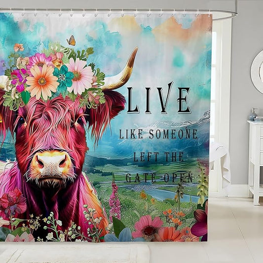 Highland Cow Flower Waterproof Shower Curtain 72"Wx78"L Bull Cattle Shower Curtain Western Funny Animal Bath Curtain Wildlife Farmhouse Cow Curtains Colored Garland Floral Wreath Bathroom Decor