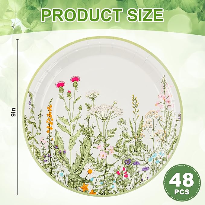 AimFun Wildflower Party Plates 9" Floral Paper Plates Botanical Green Leaves Herbs Disposable Party Supplies Spring Summer Vintage Garden Decorative Dinner Plates (48, Vintage Botanical)