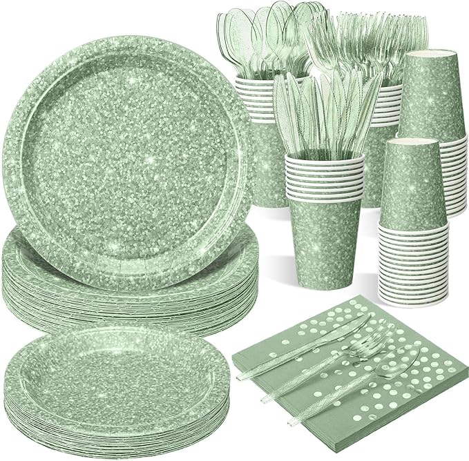 Hushee 175 Pcs Sage Green Holographic Print Party Supplies Guests Disposable Dinnerware Set Include Paper Plates, Napkins, Cups, Plastic Cutlery for Wedding Birthday Disco Bachelorette