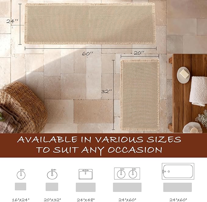 DWCN Set of 2 Waffle Boho Bathroom Mats, Non Slip Bath Rug Set for Bathroom Floor, Super Absorbent Shower Mats for Tub, Washable Kitchen Rugs for Farmhouse Decor, 20" x 32" Plus 24" x 60", Brown