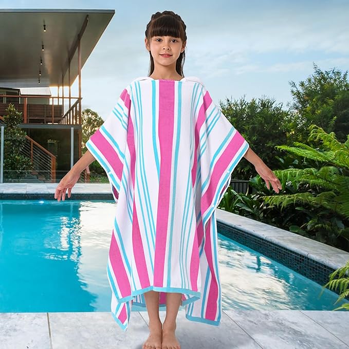 VOOVA & MOVAS Hooded Bath Towels for Big Kids (8-16Years), 100% Cotton Absorbent Thick Poncho Towel for Teens, Perfect for Pool, Beach, Bath, Pink Blue White Stripe