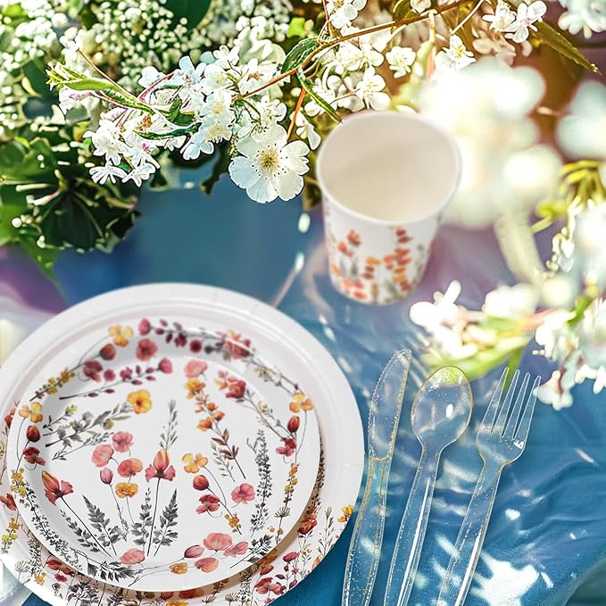 Sinmoe 400 Pcs Spring Plates and Napkins Set Paper Flower Dinnerware Disposable Party Supplies for 50 Guest Dinnerware Knife Fork Spoon for Spring Birthday Party(Classic Color,Flower)