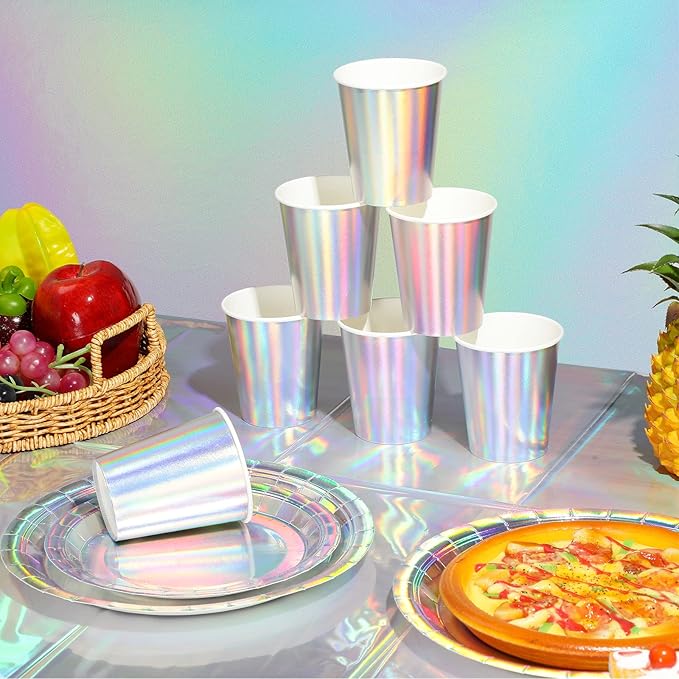Iridescent Paper Plates and Napkins Set, Disposable Iridescent Paper Plates Cups Knives Spoons Fork Straw for Mermaid Birthday Wedding Party, Serve 100