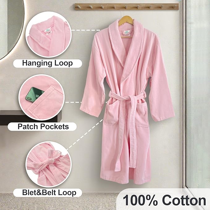 Women Bath Robe,Premium 100% Cotton Terry Shawl Collar Super Absorbent Bathrobe, Ideal Bathroom Robe,Pink