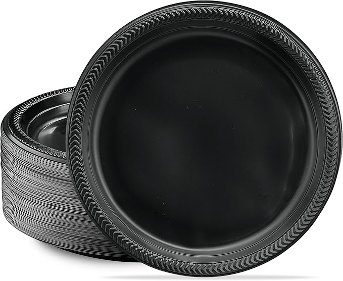 PLASTICPRO 200 PCS Black Plastic Plates Light Weight 10'' Inch Plastic Dinner Plates Black Plates Disposable for Party and Wedding