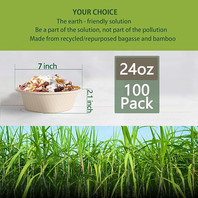 24 Oz Disposable Bowls, [100 Pack] Paper Bowls Disposable - Heavy Duty and Eco-friendly Sugarcane and Bamboo Bagasse Biodegradable Bowls for Cereal, Rice, French Fries - Convenient and Compostable