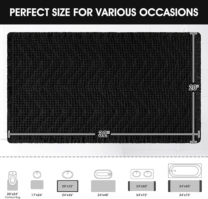 Upgraded Waffle Bath Mat, 32"x20" Black-Herringbone, Super Absorbent Non-Slip Quick Dry Bathroom Rugs with Tassels, Machine Washable Ultra Soft Boho Bath Rugs, Toilet Mats Boho Farmhouse Decor