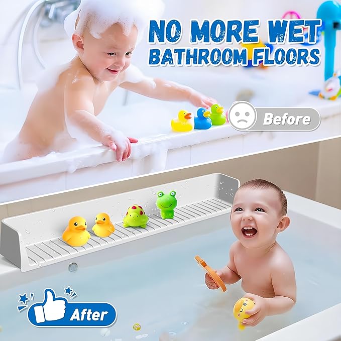 31 Inch Longer Kids Bathtub Water Splash Guard, Flexible Silicone Bath Toy Tray Holder with Strong Suction Cups, No Leak, Bathroom Essentials Ledge Shelf for Toddlers Baby Kids(Green)
