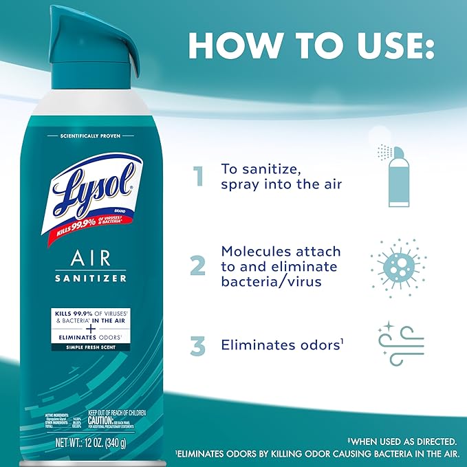 Lysol Air Sanitizer Spray with Bacterial Odor Eliminator for Home & Office, Sanitizing Air Spray, Air Freshener Alternative, Simple Fresh Scent,10 oz (Pack of 3)