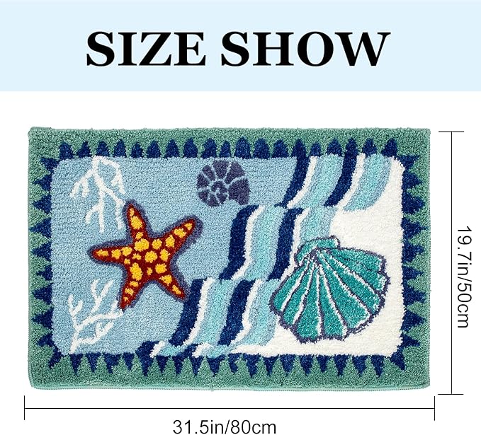 Coastal Beach Bathroom Rug Blue Shell Bath Mat Tufted Non Slip, Machine Washable Cute Kids Sea Bathtub mat Bathroom Bedroom Decoration 31.5x19.7 inches (Sea Star)