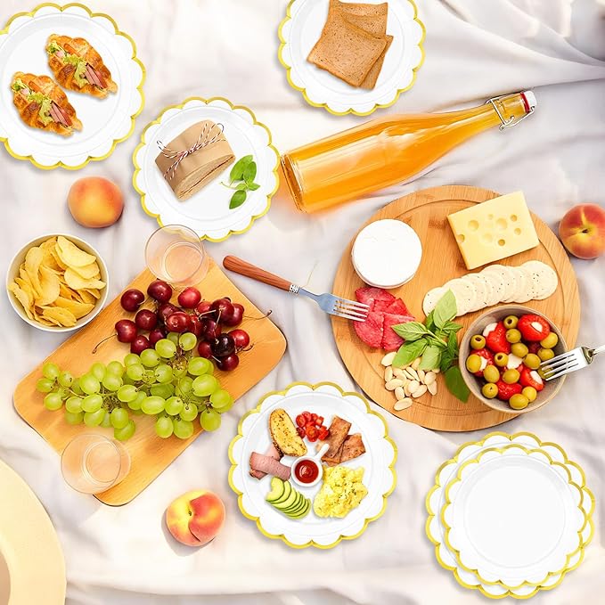 50 Pcs White Paper Plates, 25 Pcs 9" and 25 Pcs 7" Disposable White Scalloped Plates with Gold Foil for Graduation Wedding Baby Shower Birthday Party Picnic BBQ