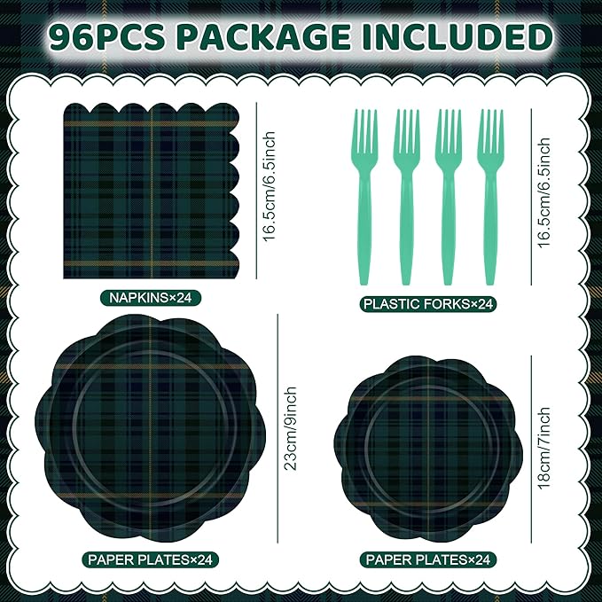 96 Pcs Tartan Plaid Baby Shower Plates and Napkins Set, Blue Green Baby Shower Party Supplies for 24 Guests include Disposable Green Tartan Scalloped Plates, Napkins and Forks for Baby Shower Wedding