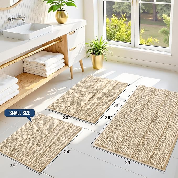 Grandaily Chenille Striped Bathroom Rugs 30x20, Extra Thick and Soft Absorbent Bath Mats, Rubber Backing, Plush Shaggy Shower Carpet, Machine Wash Dry, Bath Rug for Bathroom, Light Beige