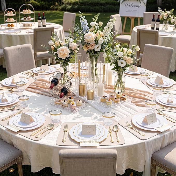 NOCCUR 175PCS Gold Plastic Plates with Disposable Silverware - White Gold Plastic Tableware Include 25 Dinner /25 Dessert Plates, 75 Cutlery, 25 Cups, 25 Napkins - Ideal for Party/Wedding