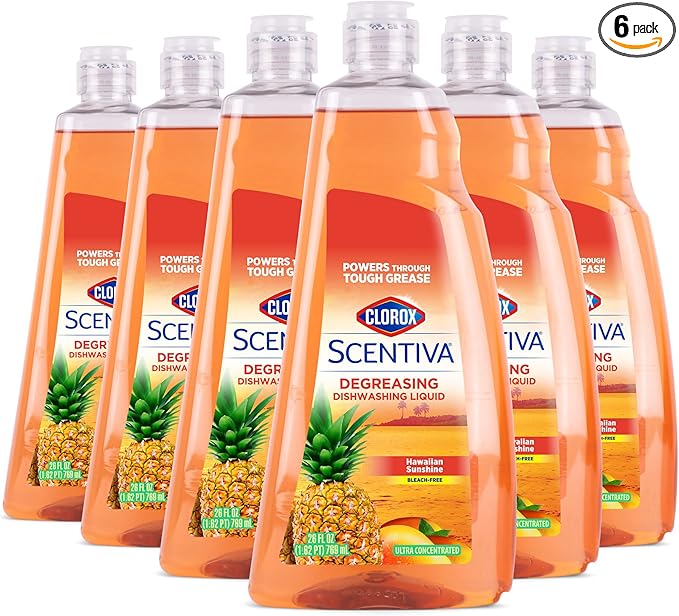 Clorox Scentiva Liquid Dish Soap, Hawaiian Sunshine Scent - Ultra-Concentrated Dishwashing Detergent That Cuts Through Grease and Tackles Tough Messes, Bleach-Free, 26 Fl Oz - 6 Pack