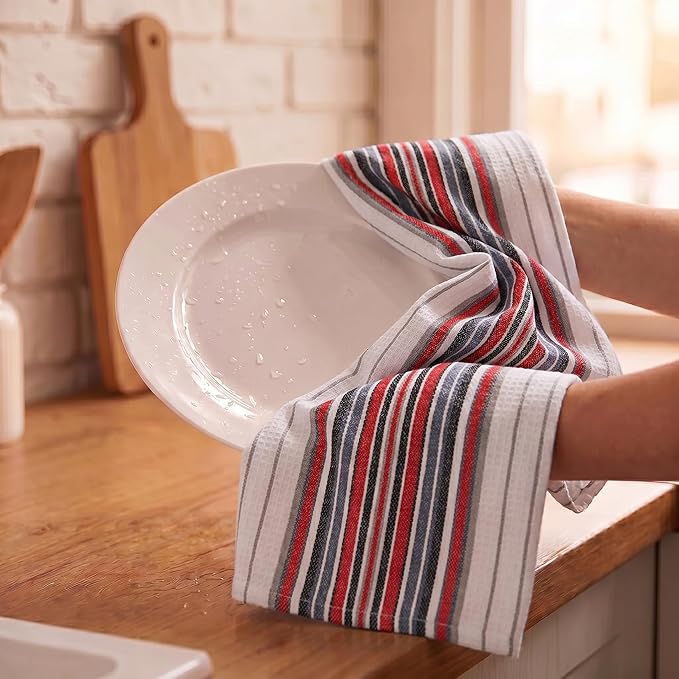Urban Villa Kitchen Towels, Premium Quality, Cotton Dish Towels,Mitered Corners,Ultra Soft (Size: 20X30 in), White Waffle Stripes, Highly Absorbent Bar Towels & Tea Towels - (Set of 6)