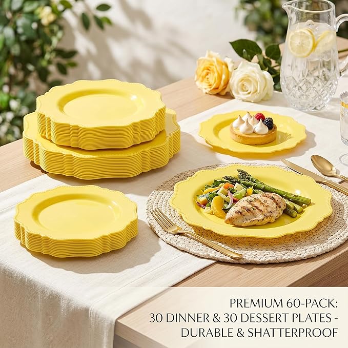 COLOSUS 60Pcs Lemon Yellow Plastic Plates, Mother's Plastic Plates.,Light Baby Yellow Party Plates, Heavy Duty 30 Dinner plate 10.5" and 30 Salad/Dessert Plate 8.25" for Wedding,Party