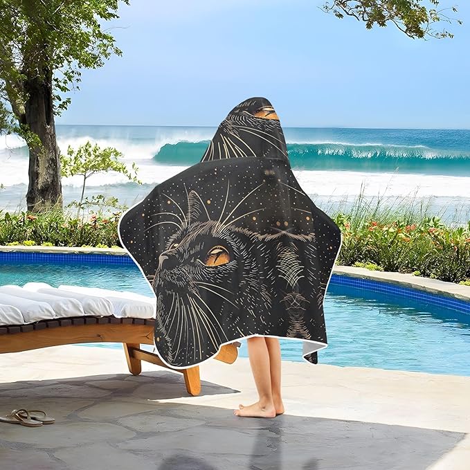 Hooded Towel for Kids Black Cat Looking Up Sky Beach Wrap Bath Towels 50x23.5in