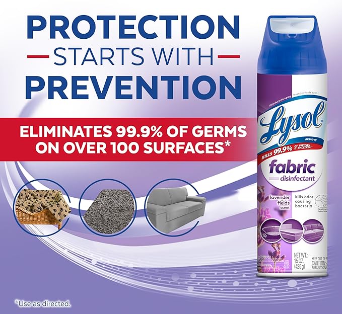 Lysol Fabric Disinfectant Spray, Sanitizing and Antibacterial Spray, For Disinfecting and Deodorizing Soft Furnishings, Lavender Fields 15 Fl. Oz (Pack of 3)