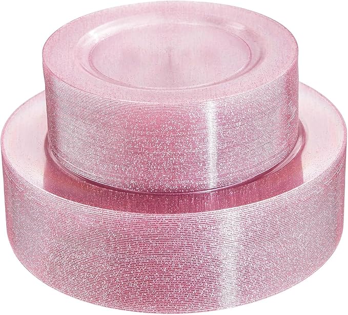 WDF 120pcs Pink Plastic Plates Disposable - Clear Pink Glitter Plates including 60PCS Dinner Plates 10.25inch and 60PCS Salad Plates 7.5inch for Wedding/Baby Shower/Spring/Birthday