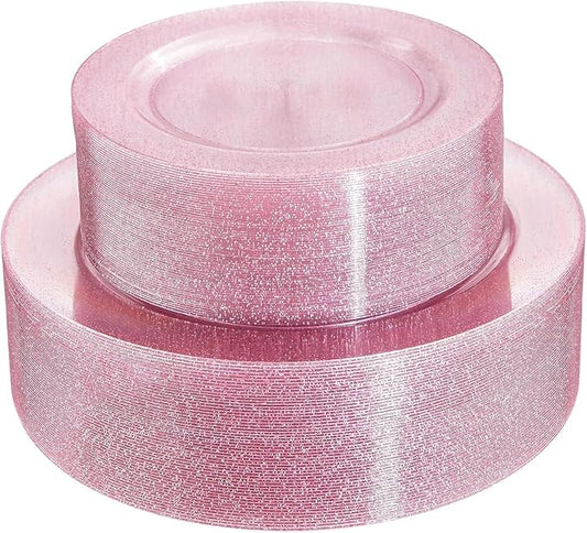 WDF 120pcs Pink Plastic Plates Disposable - Clear Pink Glitter Plates including 60PCS Dinner Plates 10.25inch and 60PCS Salad Plates 7.5inch for Wedding/Baby Shower/Spring/Birthday