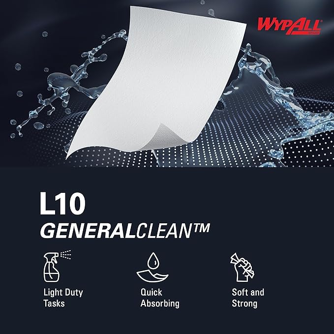 WypAll GeneralClean L10 Cloths Light Cleaning Wipes (01770), Dairy Towels, Bulk Paper Wipers, White (12 Packs of 200 Sheets, 2,400 Sheet Total)
