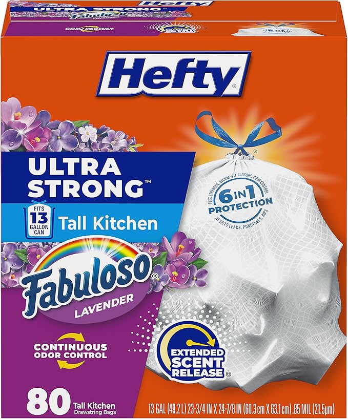 Hefty Ultra Strong 13 Gallon Trash Bags, Tall Kitchen Trash Bags 13 Gallon Size, Resist Leaks, Punctures, and Rips, Continuous Odor Control, White, Fabuloso Lavender Scent, 80 Bags