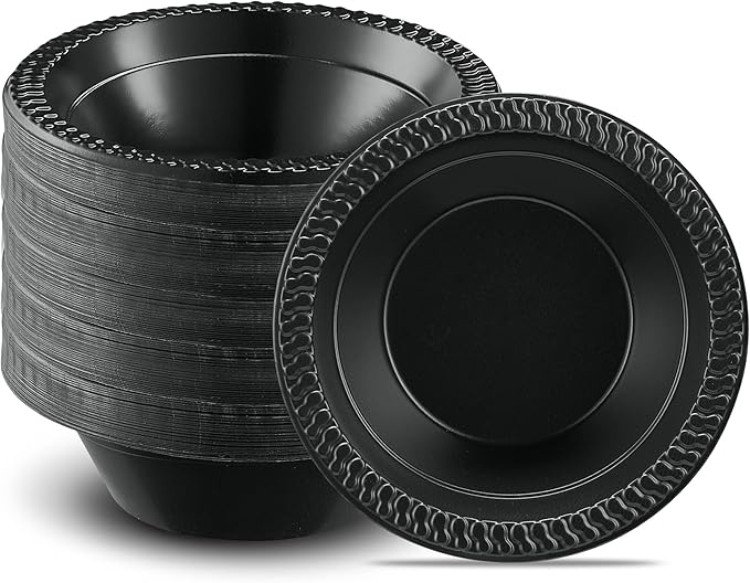 PLASTICPRO 200 PCS Black Plastic Bowls Light Weight 12 oz Plastic Soup Bowls Black Salad Plates Disposable for Party and Wedding