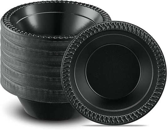 PLASTICPRO 200 PCS Black Plastic Bowls Light Weight 12 oz Plastic Soup Bowls Black Salad Plates Disposable for Party and Wedding