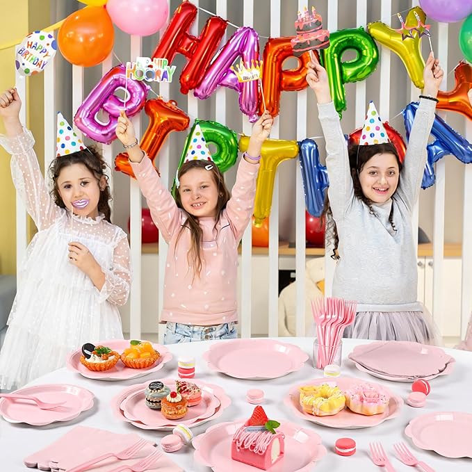 96 Pcs Pink Paper Plates and Napkins Set Party Supplies, Tableware set for 24 Guest include Disposable Pink Scalloped Plates, Napkins and Forks for Baby Shower Bridal Shower Wedding Birthday