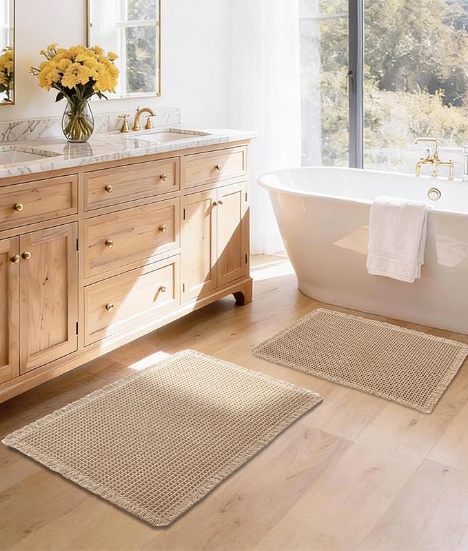 DWCN Waffle Bathroom Mat Set, Super Absorbent Non Slip Bath Rugs Set for Bathroom Floor, Shower Mats 2 Pcs for Tub, Washable Kitchen Rugs for Farmhouse Boho Home Decor, 24"x16"Plus 32"x20", Brown
